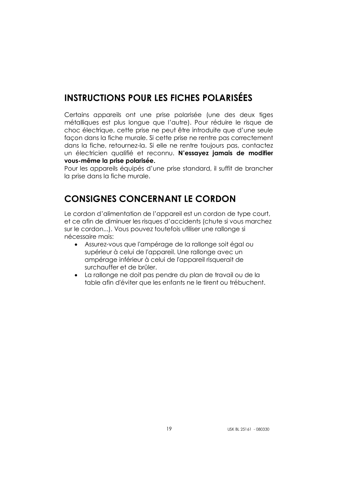 Kalorik usk bl 25161 manual Instructions Pour LES Fiches Polarisées, Consignes Concernant LE Cordon 