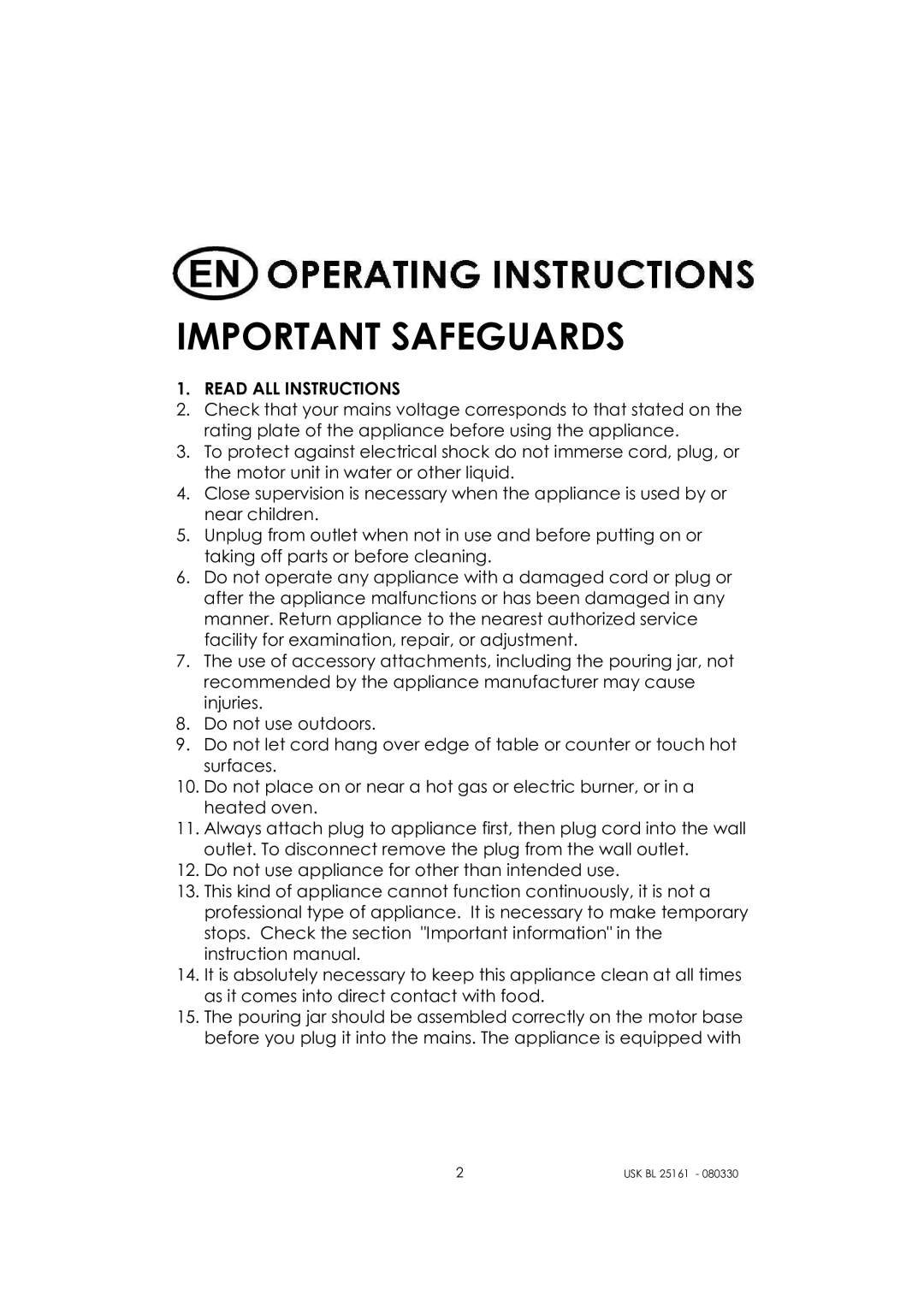 Kalorik usk bl 25161 manual Important Safeguards, Read ALL Instructions 