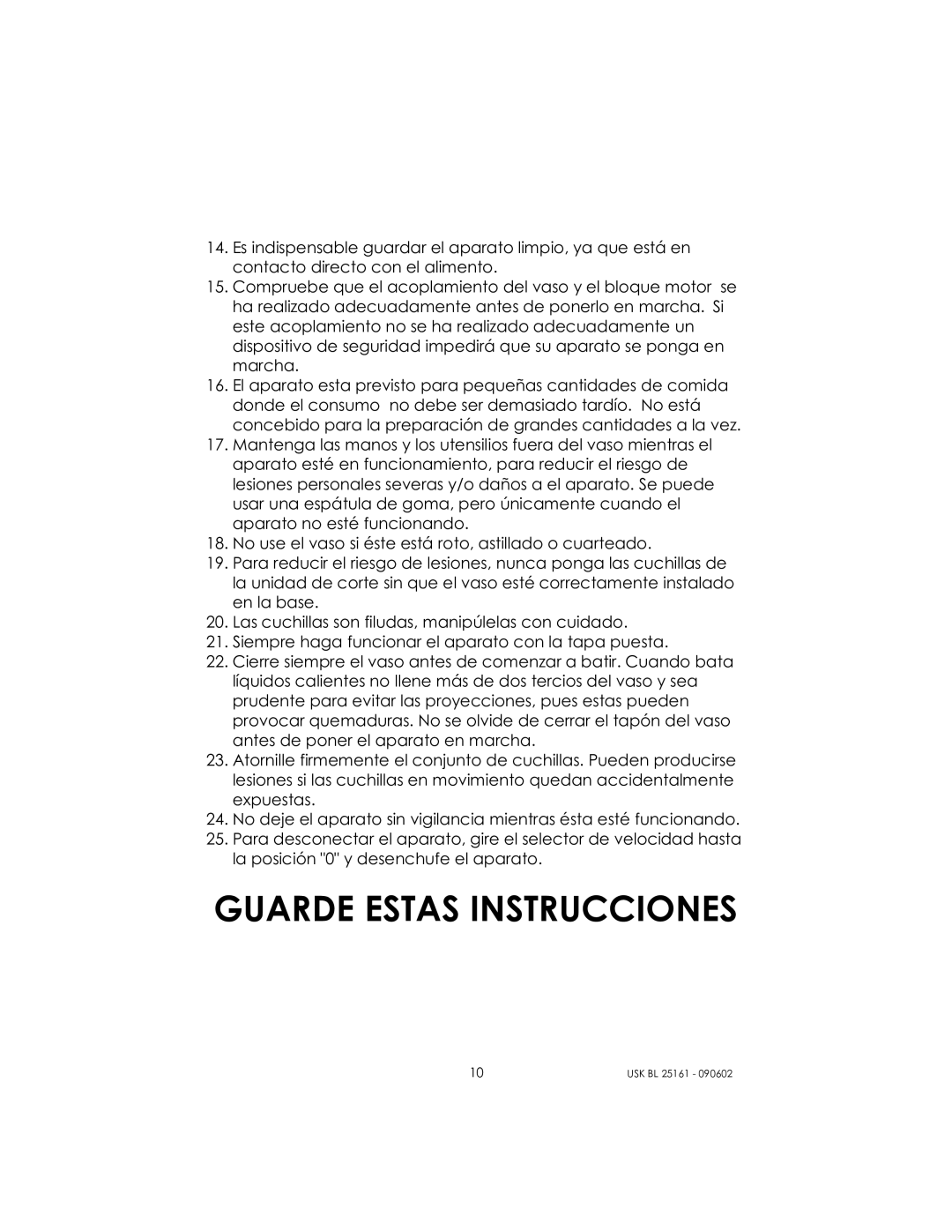 Kalorik usk bl 25161 manual Guarde Estas Instrucciones 