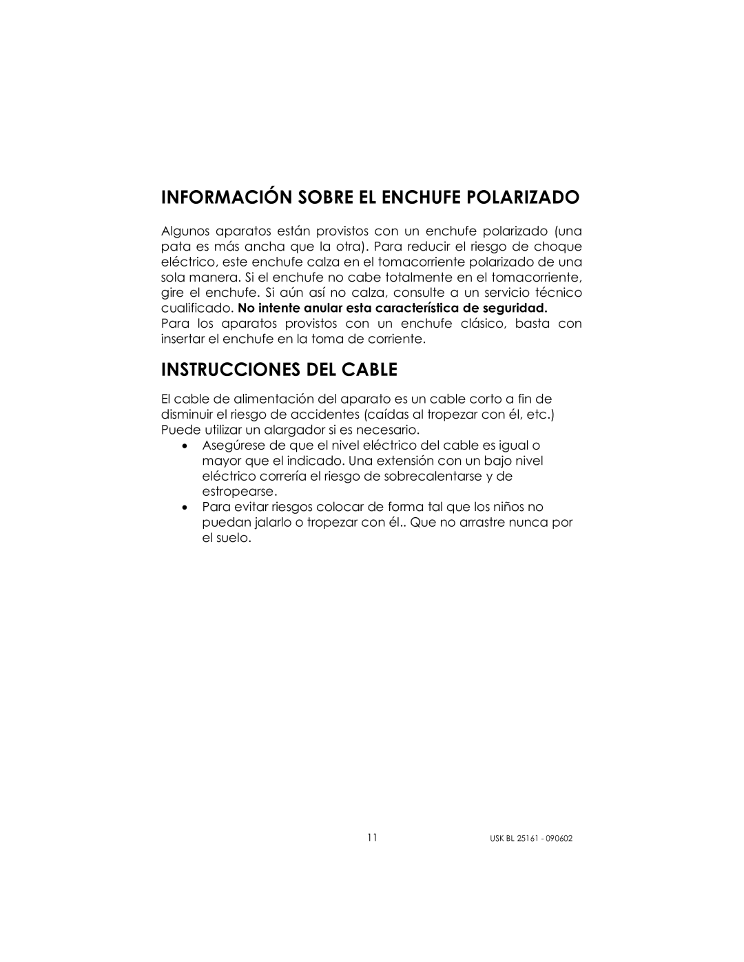 Kalorik usk bl 25161 manual Información Sobre EL Enchufe Polarizado, Instrucciones DEL Cable 