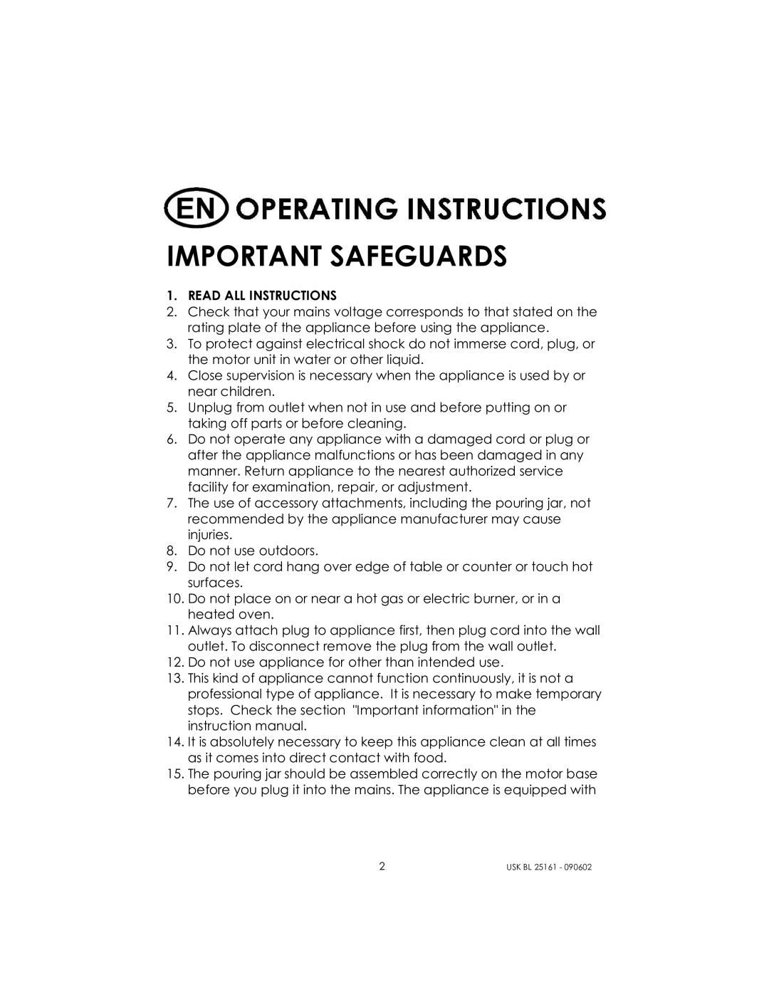 Kalorik usk bl 25161 manual Important Safeguards, Read ALL Instructions 