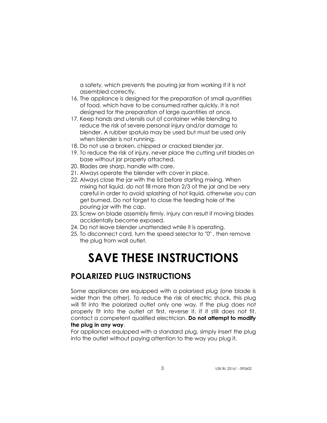 Kalorik usk bl 25161 manual Polarized Plug Instructions 
