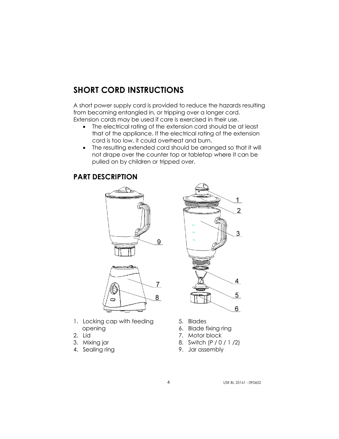 Kalorik usk bl 25161 manual Short Cord Instructions, Part Description 