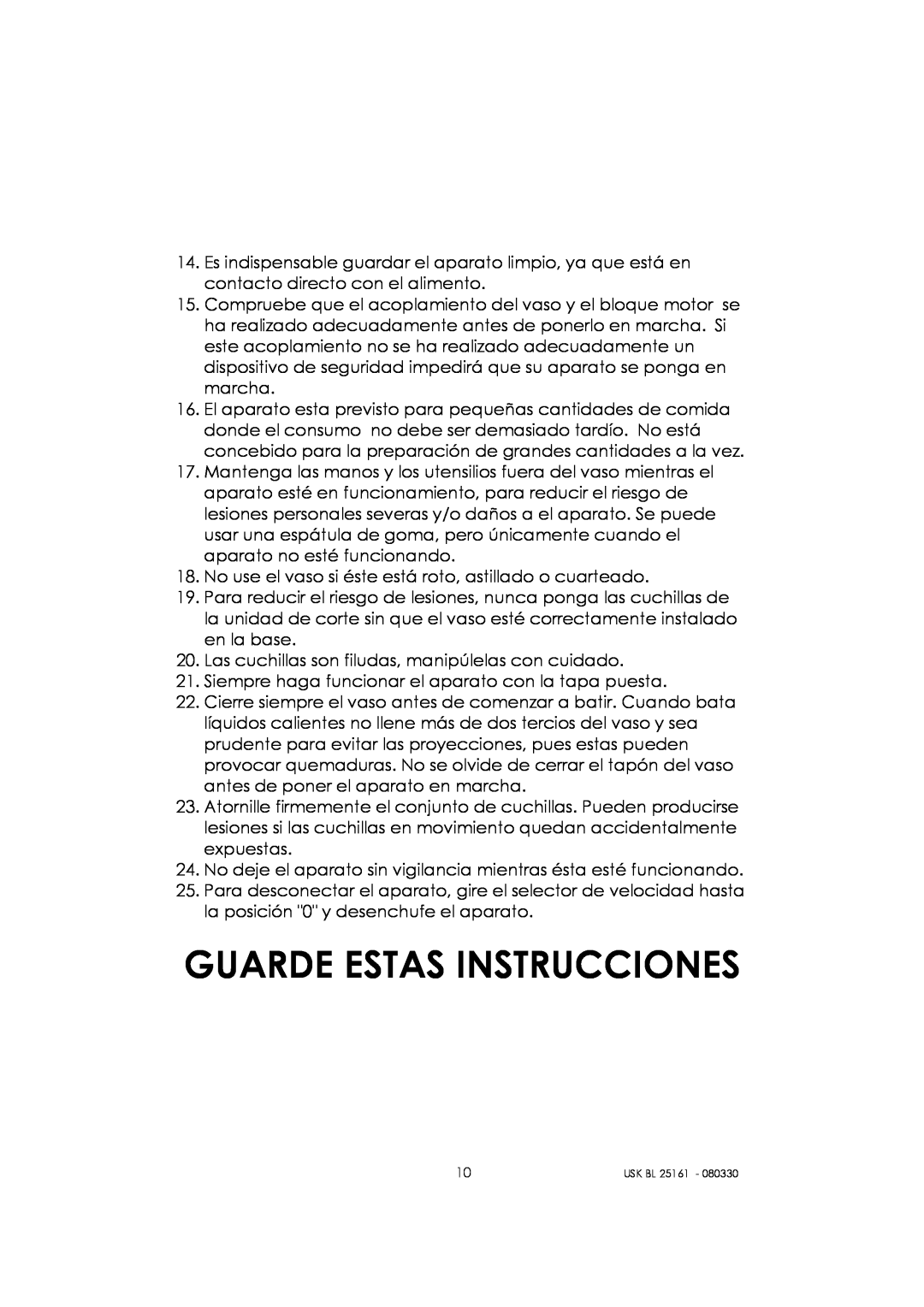 Kalorik usk bl 25161 manual Guarde Estas Instrucciones 