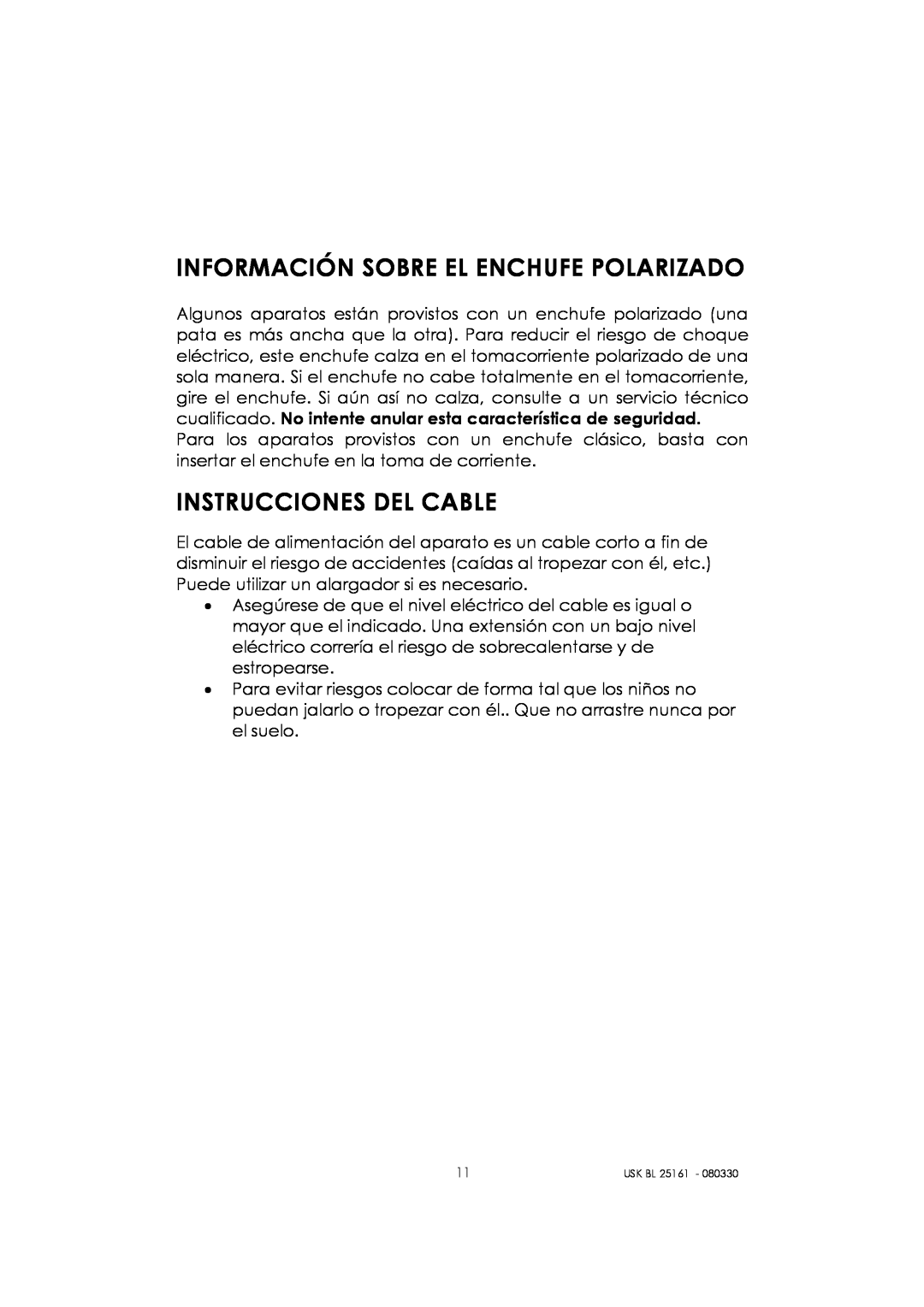 Kalorik usk bl 25161 manual Información Sobre El Enchufe Polarizado, Instrucciones Del Cable 