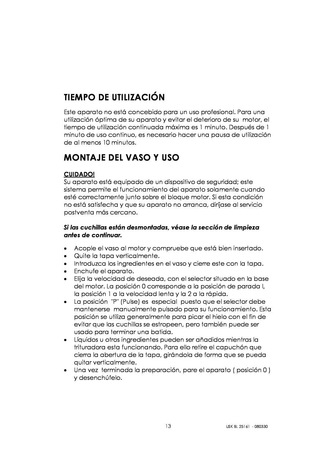 Kalorik usk bl 25161 manual Tiempo De Utilización, Montaje Del Vaso Y Uso 