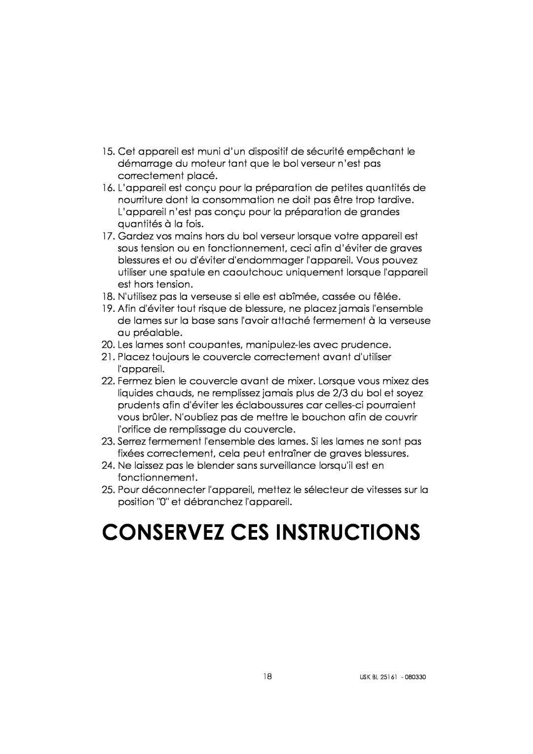 Kalorik usk bl 25161 manual Conservez Ces Instructions 