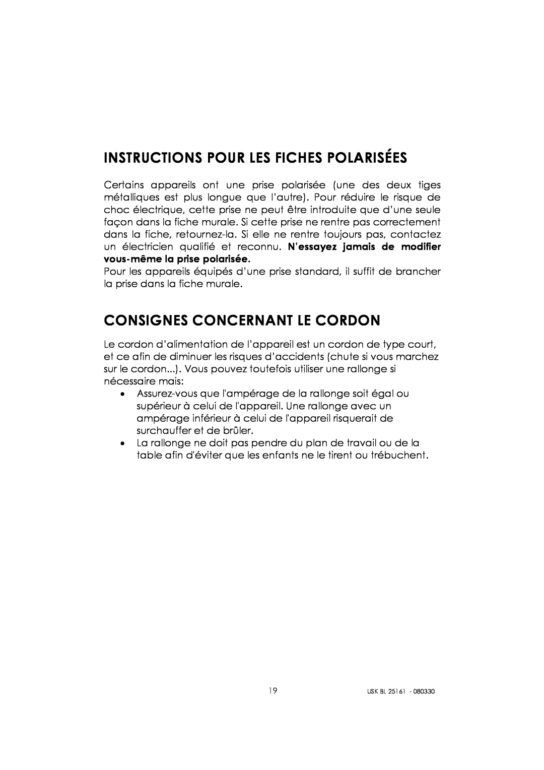 Kalorik usk bl 25161 manual Instructions Pour Les Fiches Polarisées, Consignes Concernant Le Cordon 