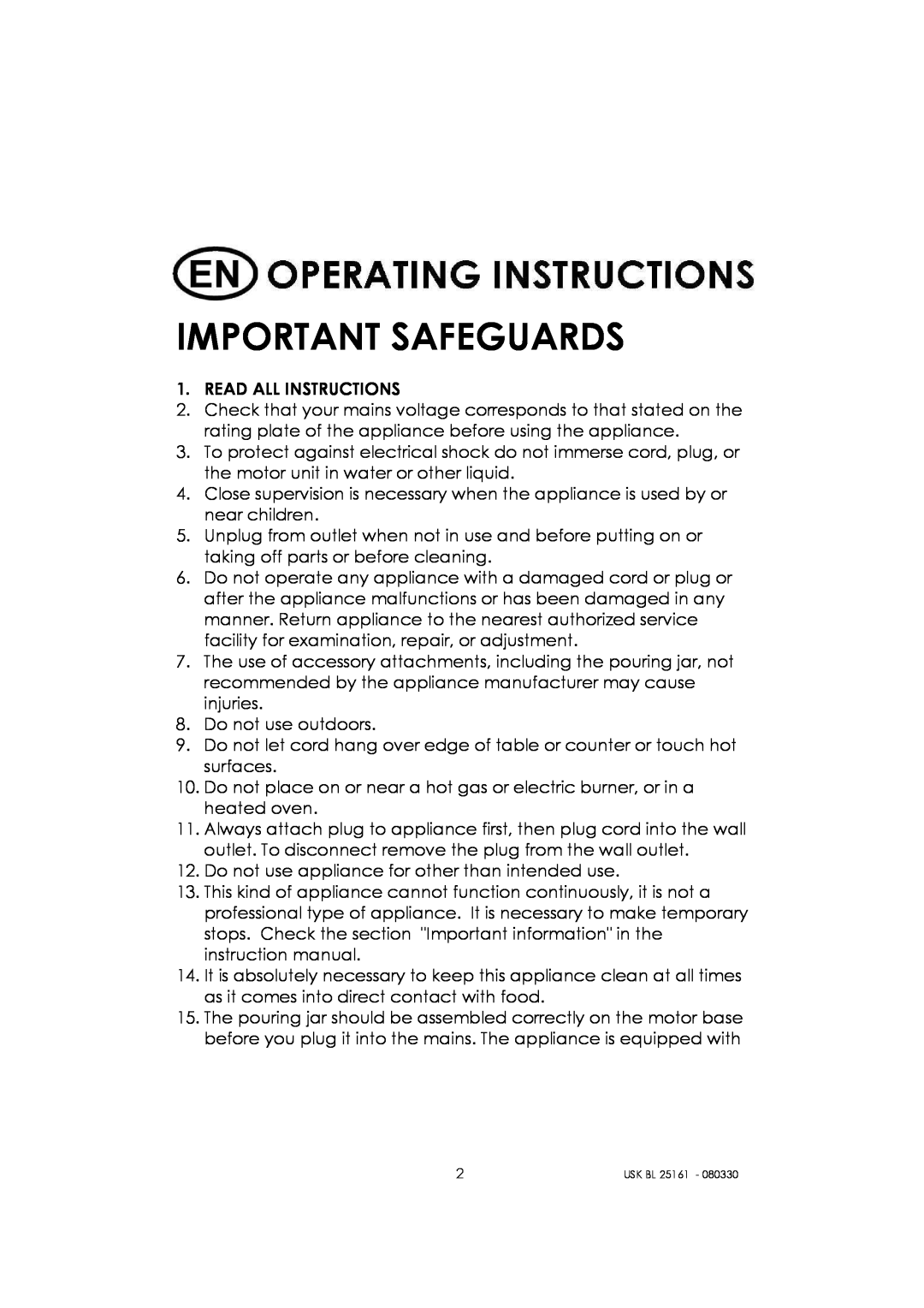 Kalorik usk bl 25161 manual Important Safeguards 