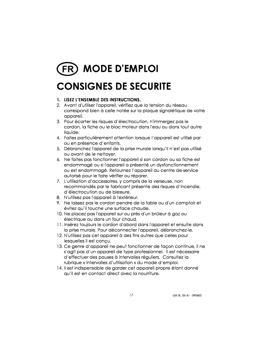 Kalorik usk bl 25161 manual Consignes De Securite 