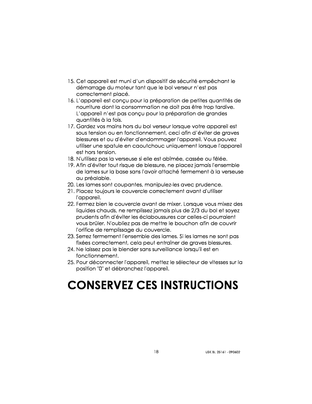 Kalorik usk bl 25161 manual Conservez Ces Instructions 