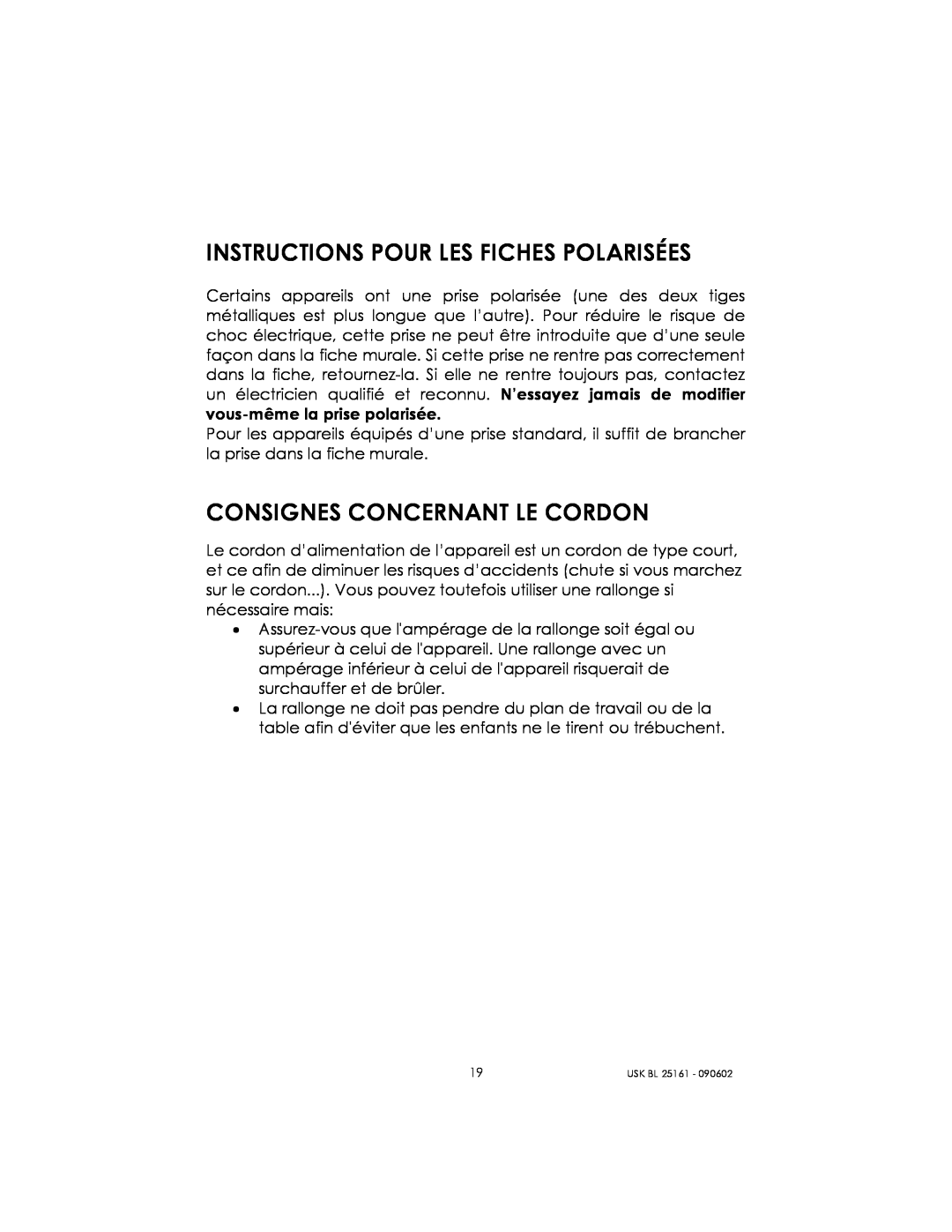 Kalorik usk bl 25161 manual Instructions Pour Les Fiches Polarisées, Consignes Concernant Le Cordon 