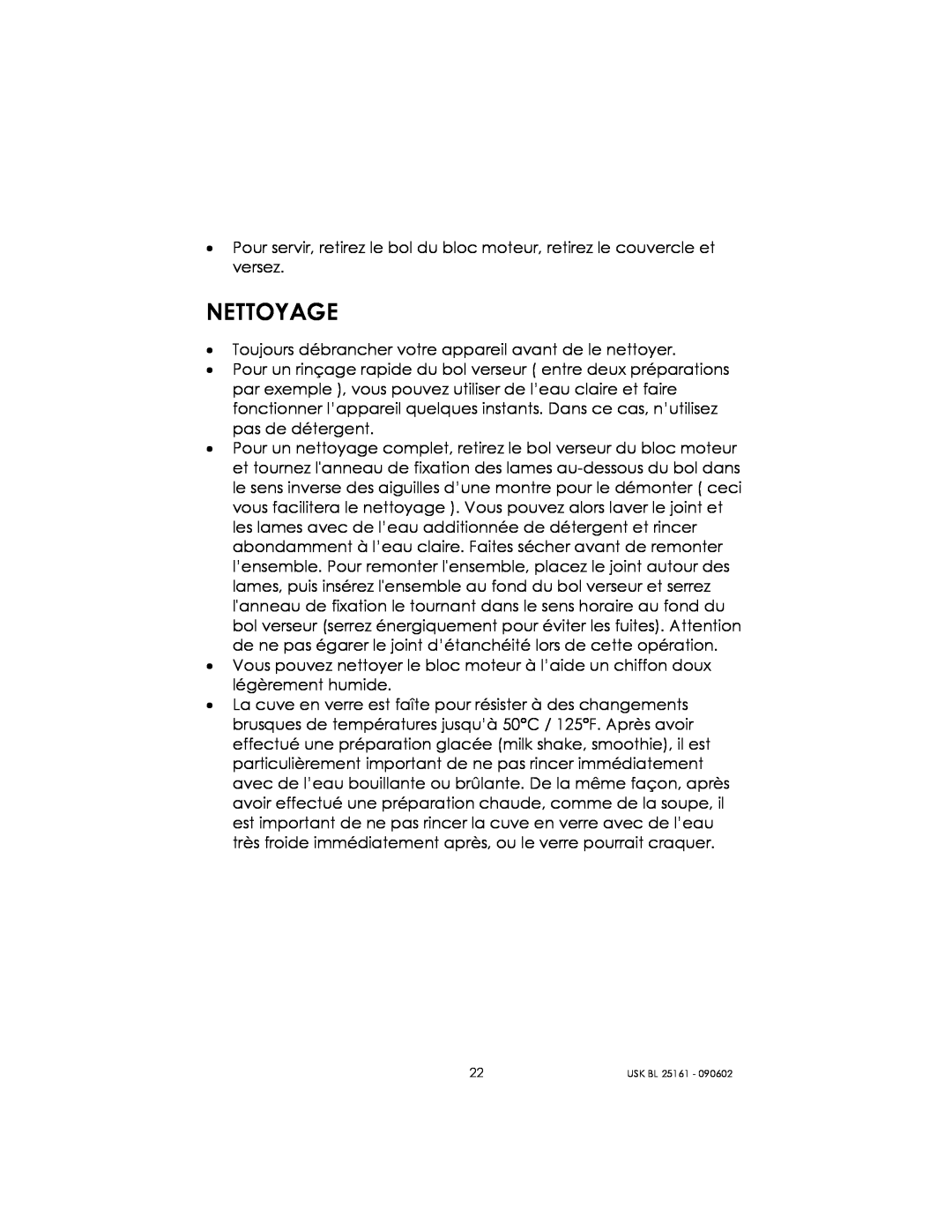 Kalorik usk bl 25161 manual Nettoyage 