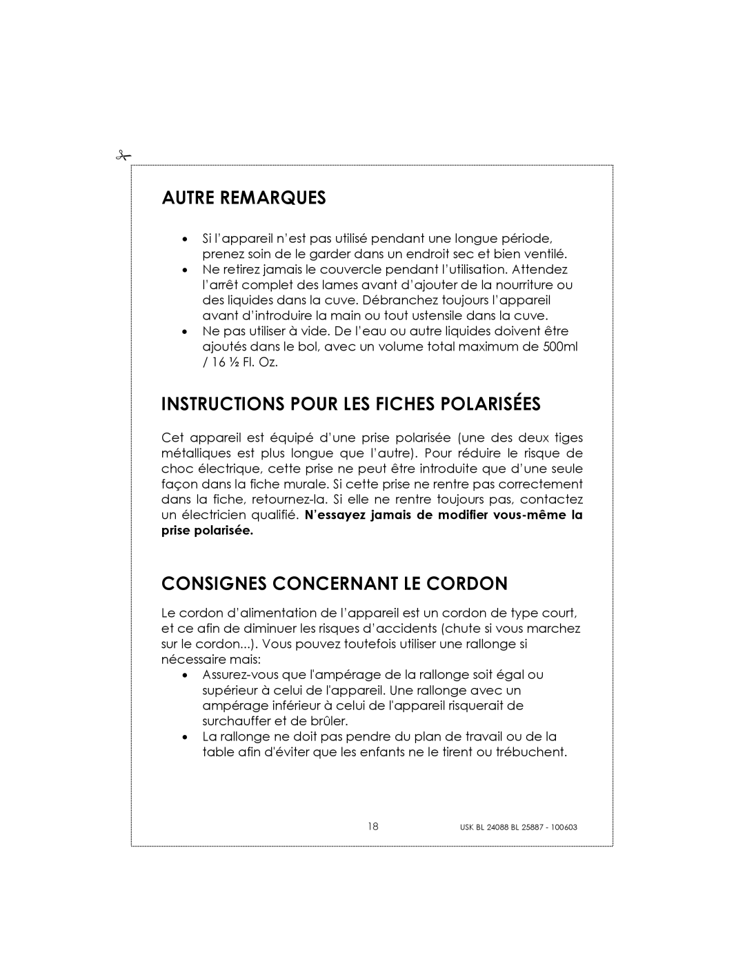 Kalorik USK BL 25887 manual Autre Remarques, Instructions Pour LES Fiches Polarisées, Consignes Concernant LE Cordon 
