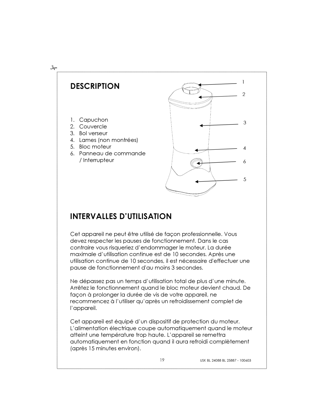 Kalorik USK BL 24088, USK BL 25887 manual Description, Intervalles D’UTILISATION 