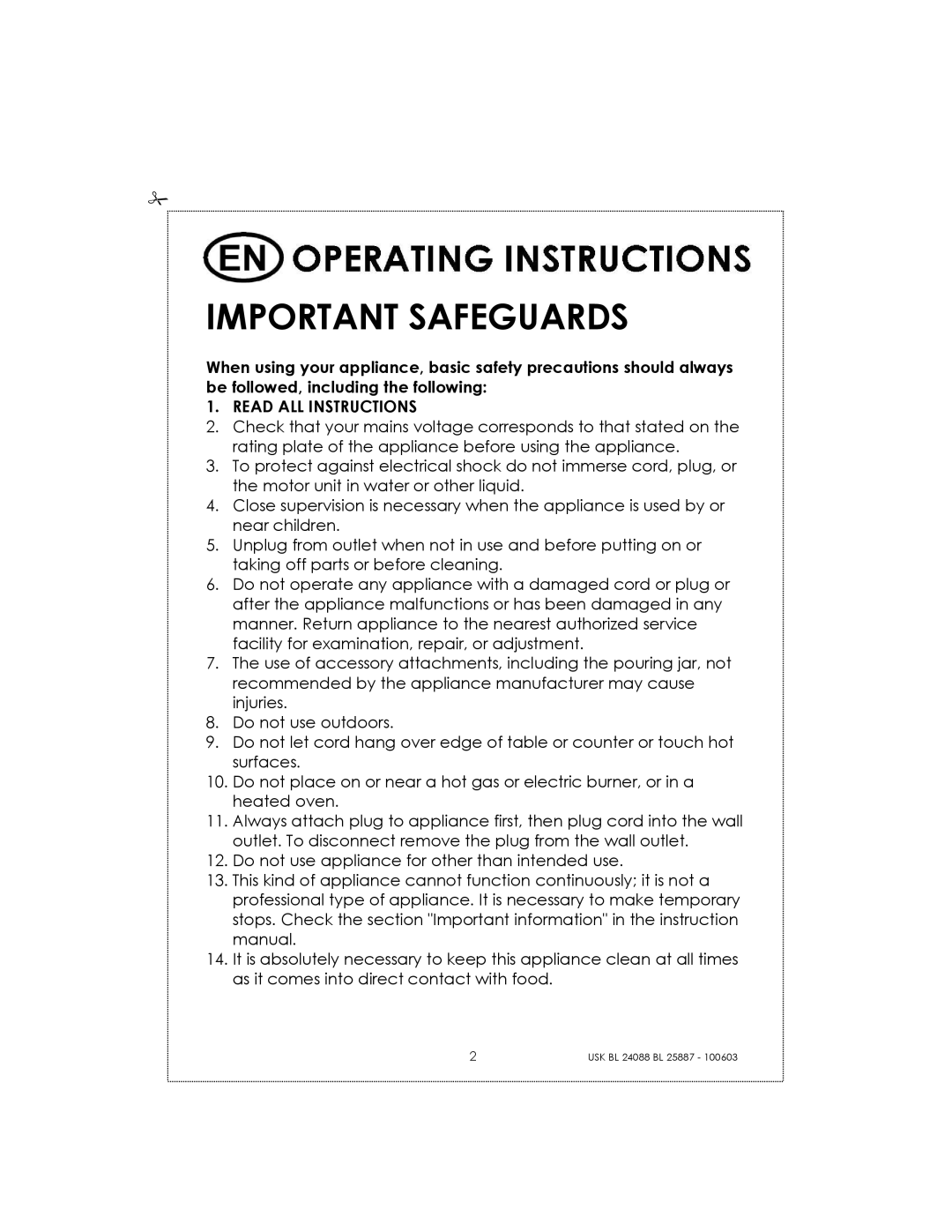 Kalorik USK BL 25887, USK BL 24088 manual Important Safeguards, Read ALL Instructions 