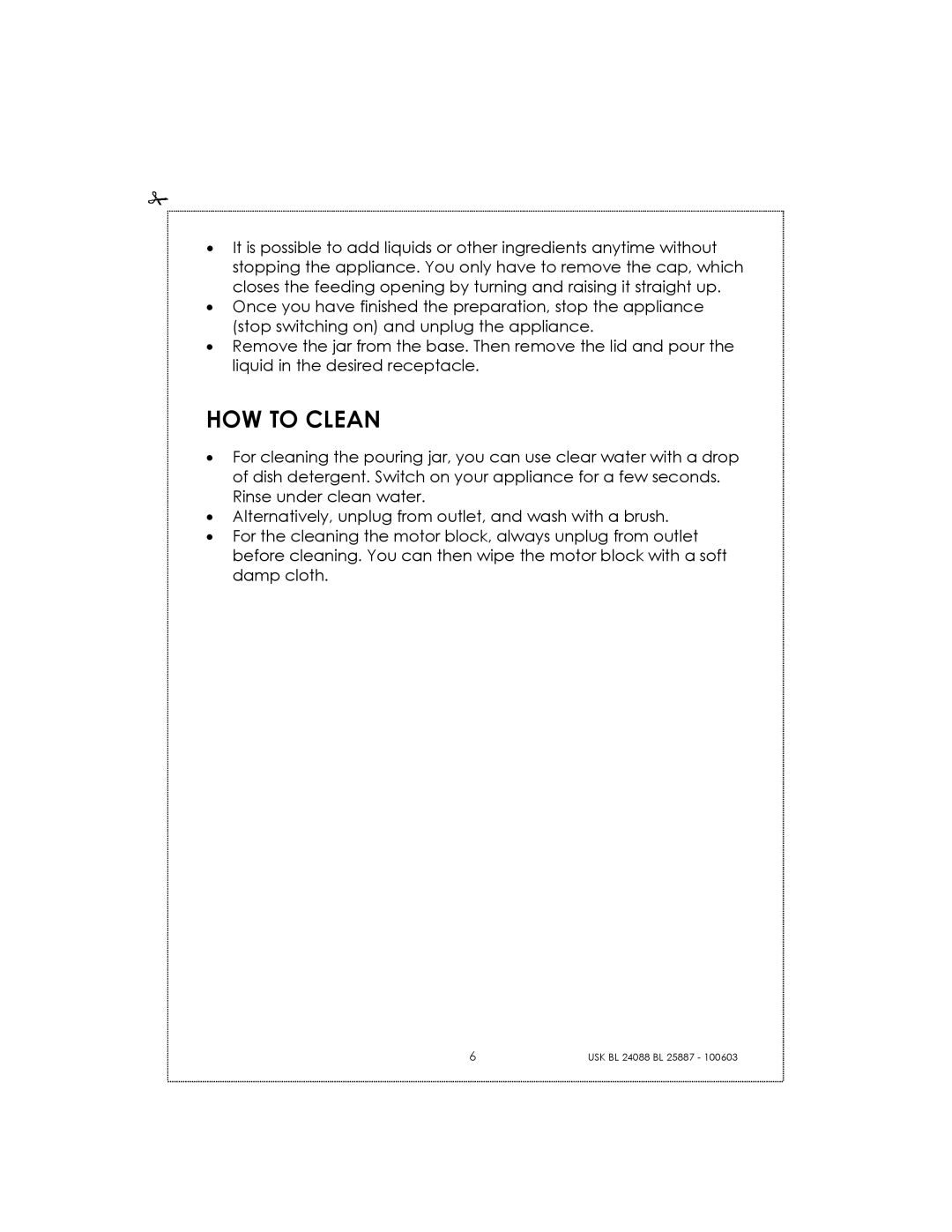 Kalorik USK BL 25887 manual How To Clean, 6USK BL 24088 BL 