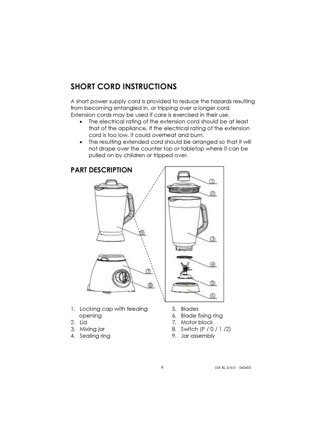 Kalorik USK BL 3/4/5 manual Short Cord Instructions, Part Description 