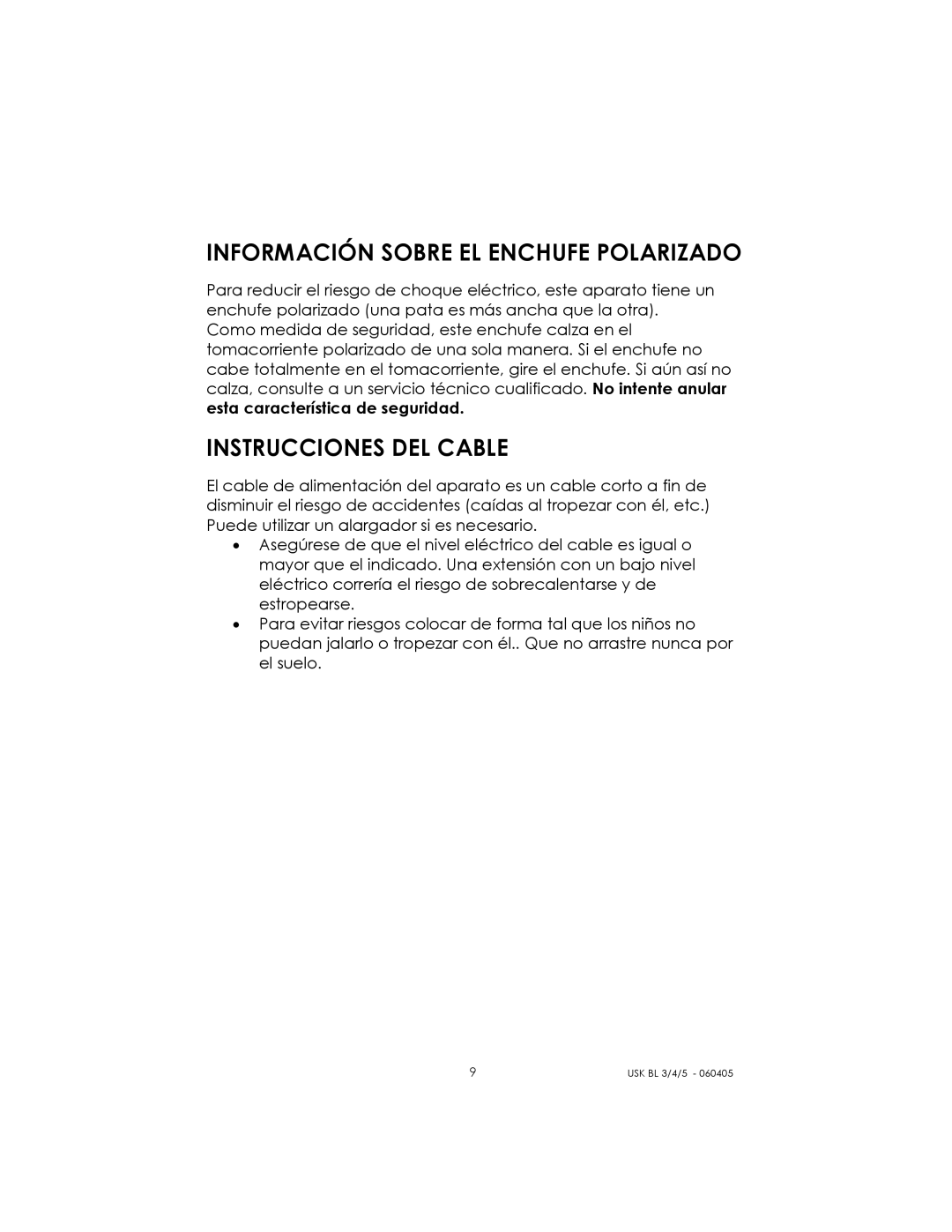 Kalorik USK BL 3/4/5 manual Información Sobre EL Enchufe Polarizado, Instrucciones DEL Cable 