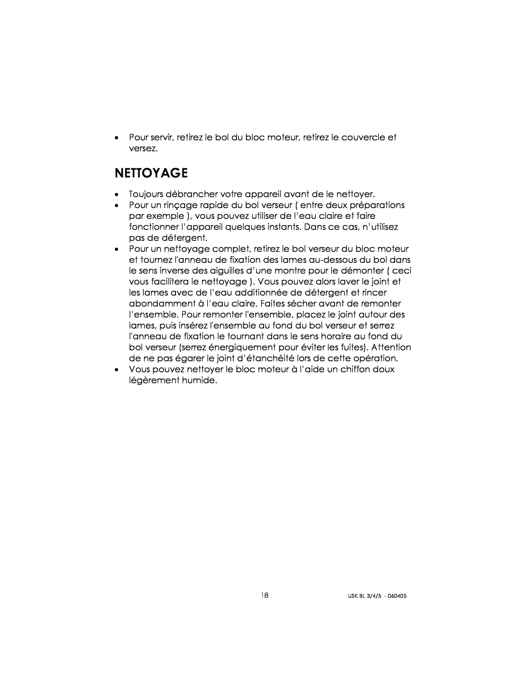 Kalorik USK BL 3/4/5 manual Nettoyage 