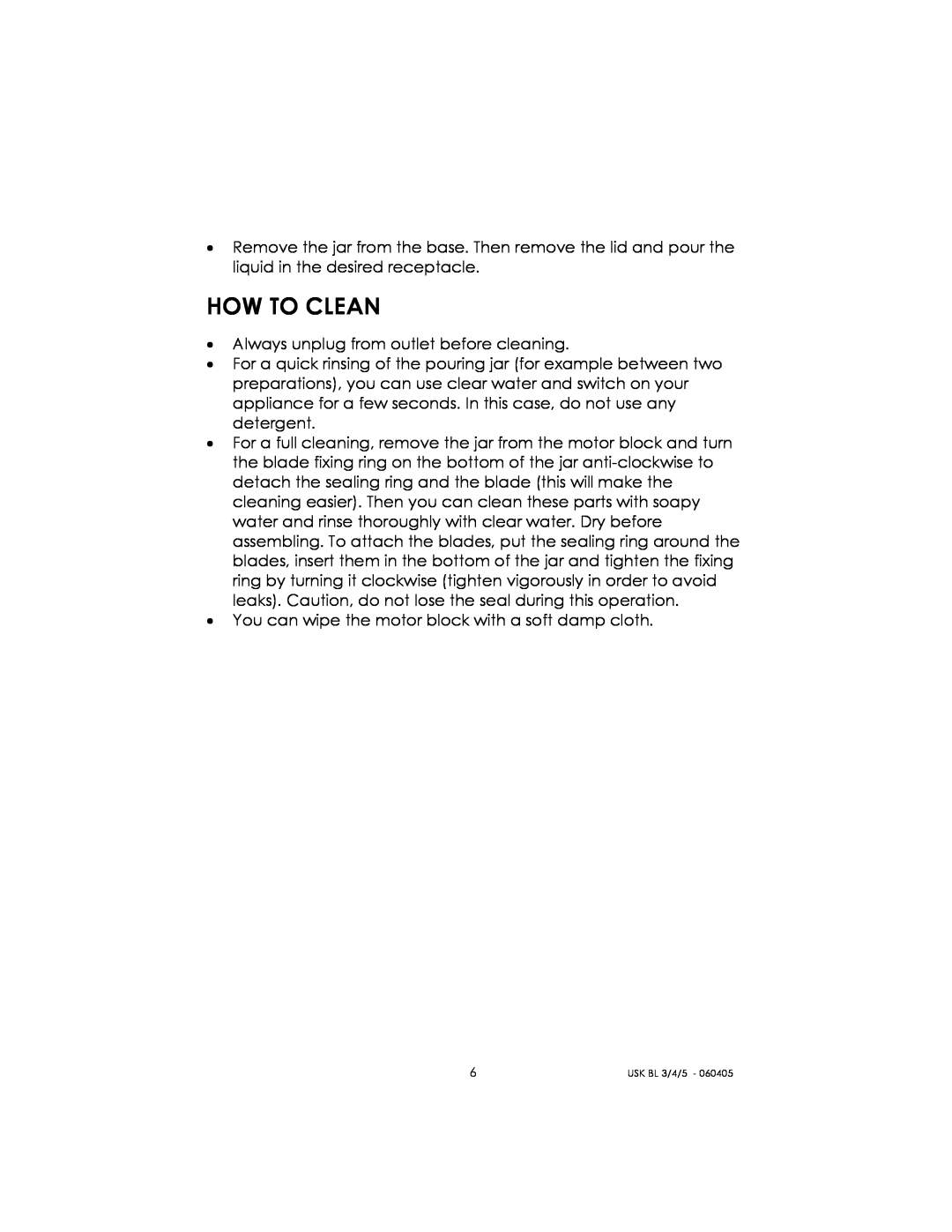 Kalorik USK BL 3/4/5 manual How To Clean 