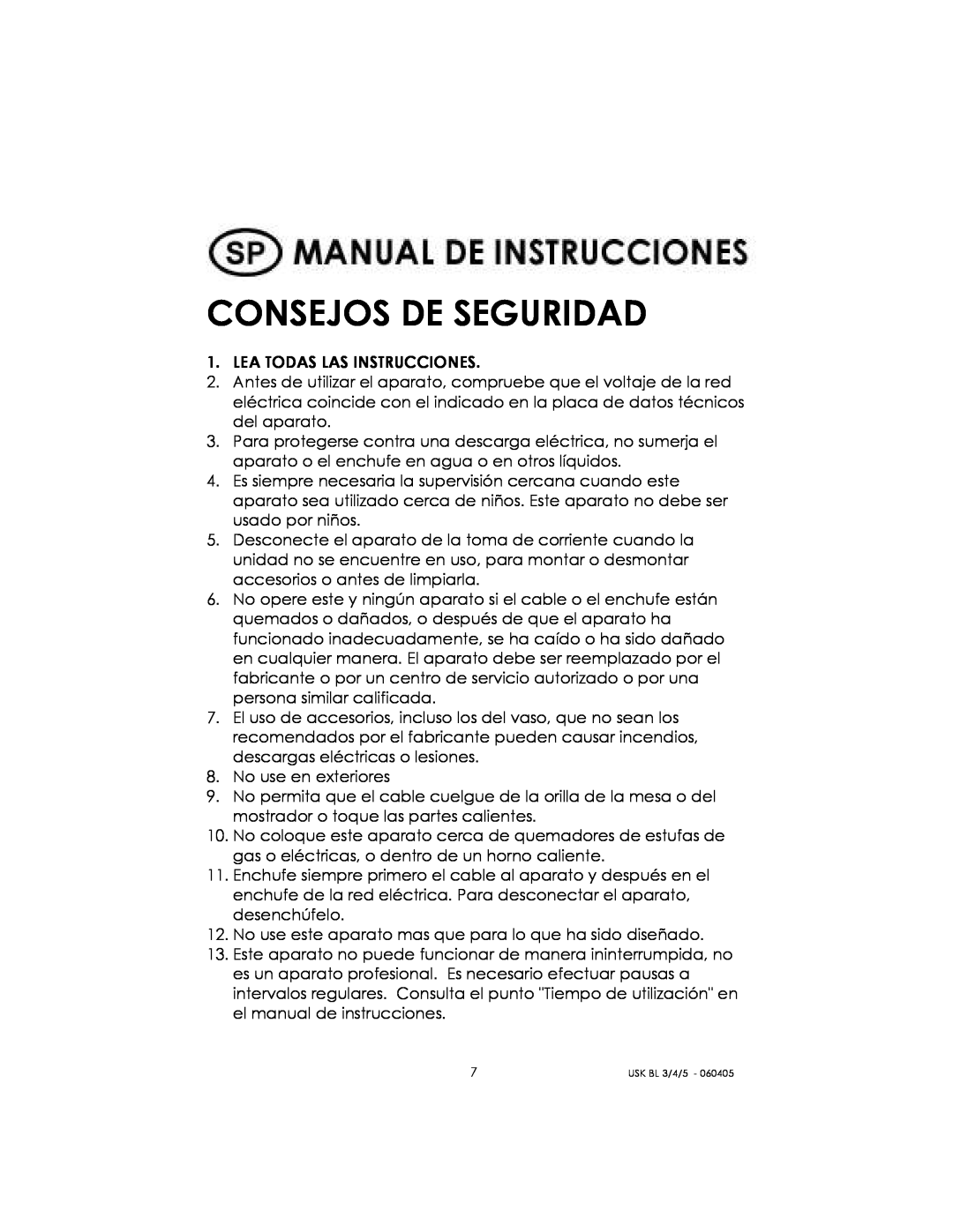 Kalorik USK BL 3/4/5 manual Consejos De Seguridad 