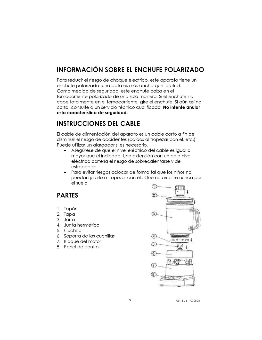 Kalorik USK BL 6 manual Información Sobre EL Enchufe Polarizado, Instrucciones DEL Cable, Partes 