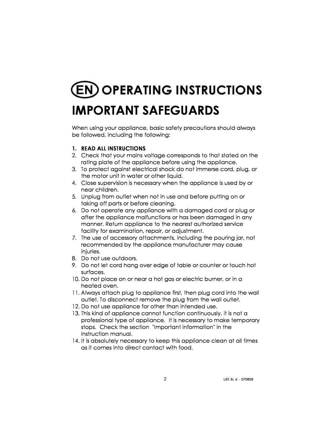 Kalorik USK BL 6 manual Important Safeguards 