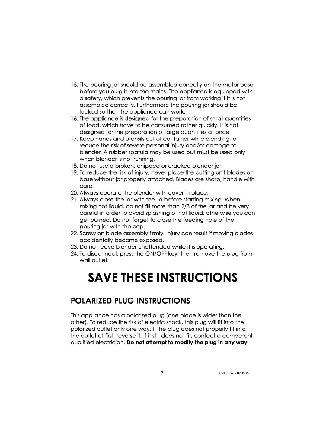 Kalorik USK BL 6 manual Save These Instructions, Polarized Plug Instructions 