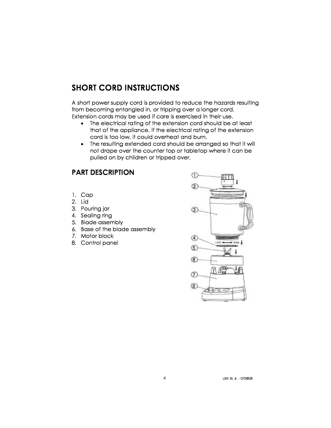 Kalorik USK BL 6 manual Short Cord Instructions, Part Description 
