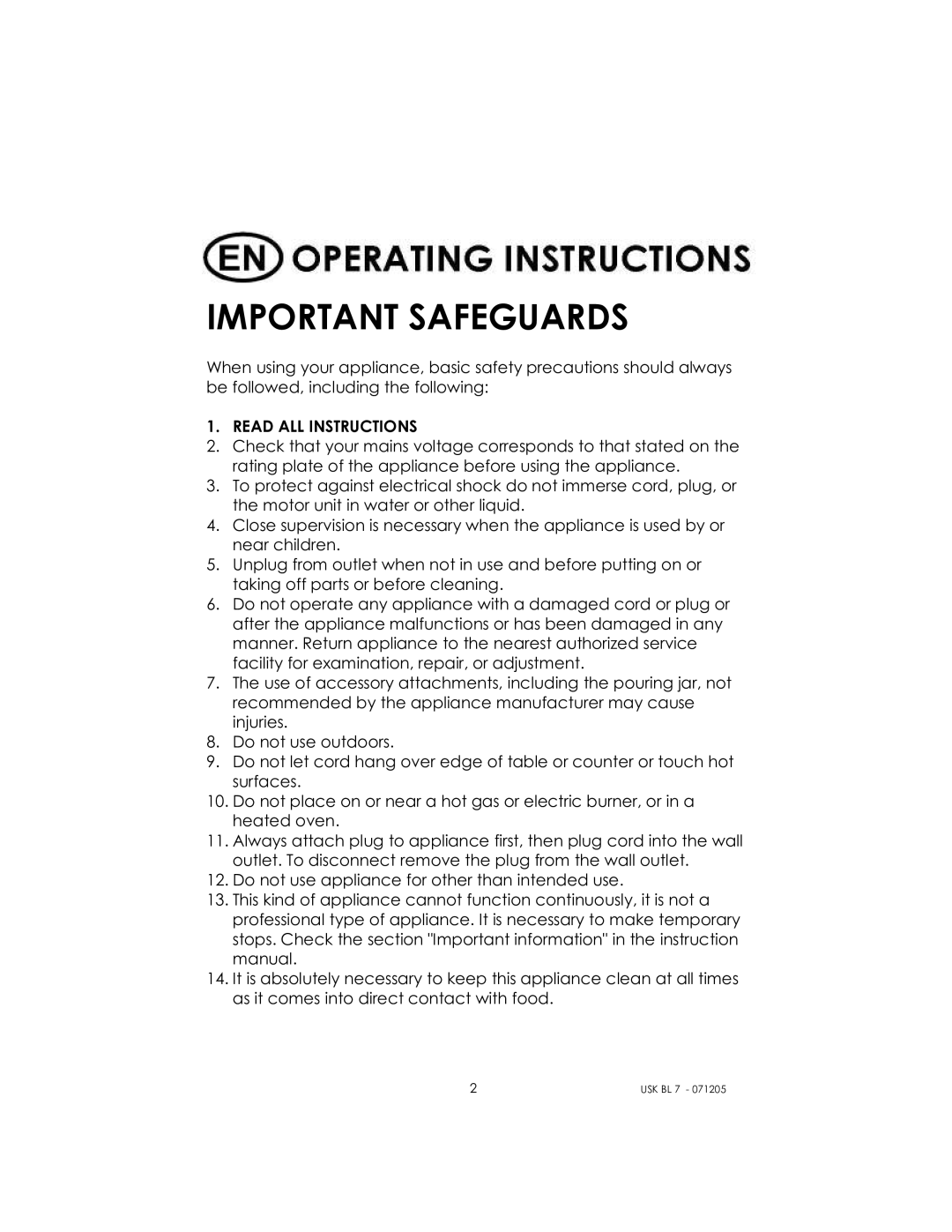 Kalorik USK BL 7 manual Important Safeguards, Read ALL Instructions 