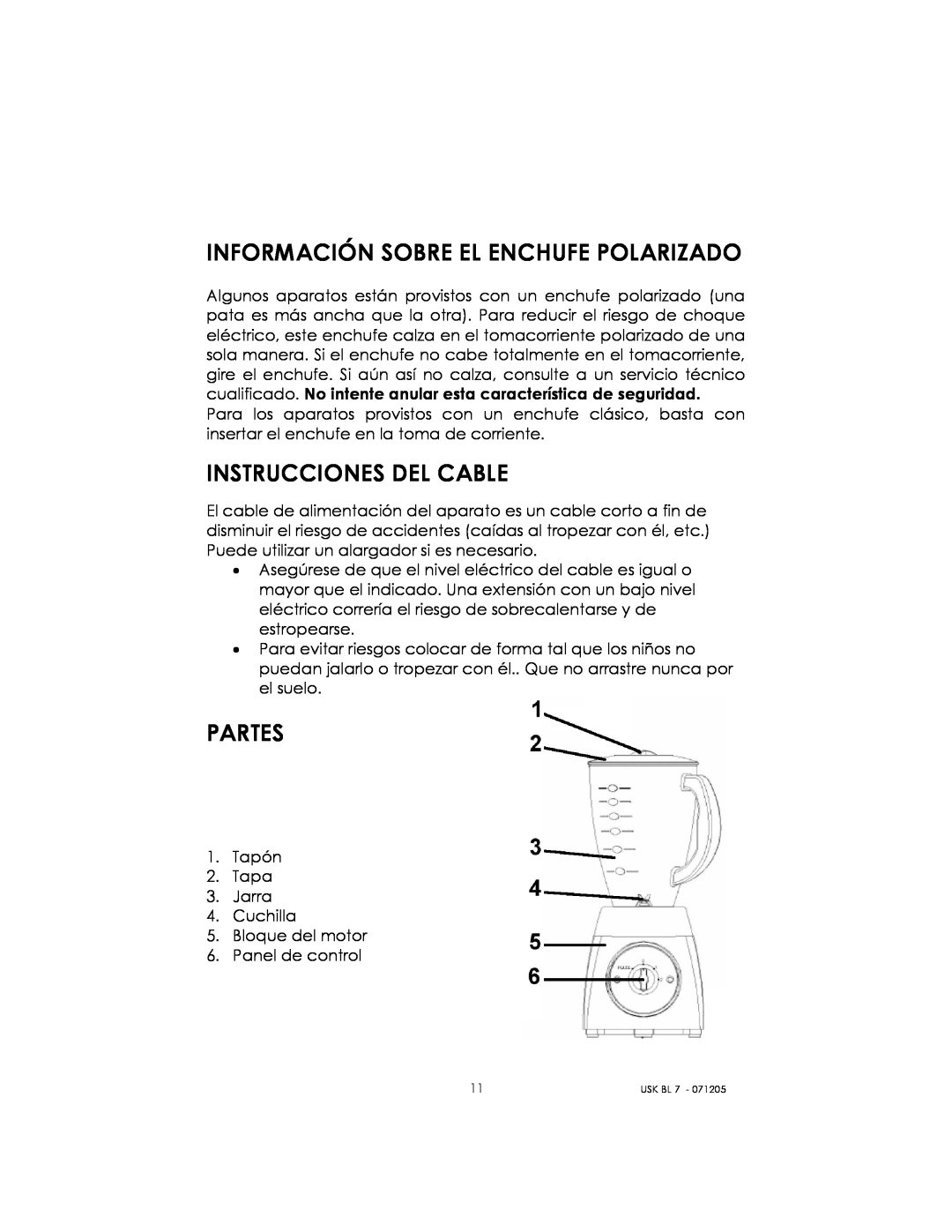 Kalorik USK BL 7 manual Información Sobre El Enchufe Polarizado, Instrucciones Del Cable, Partes 