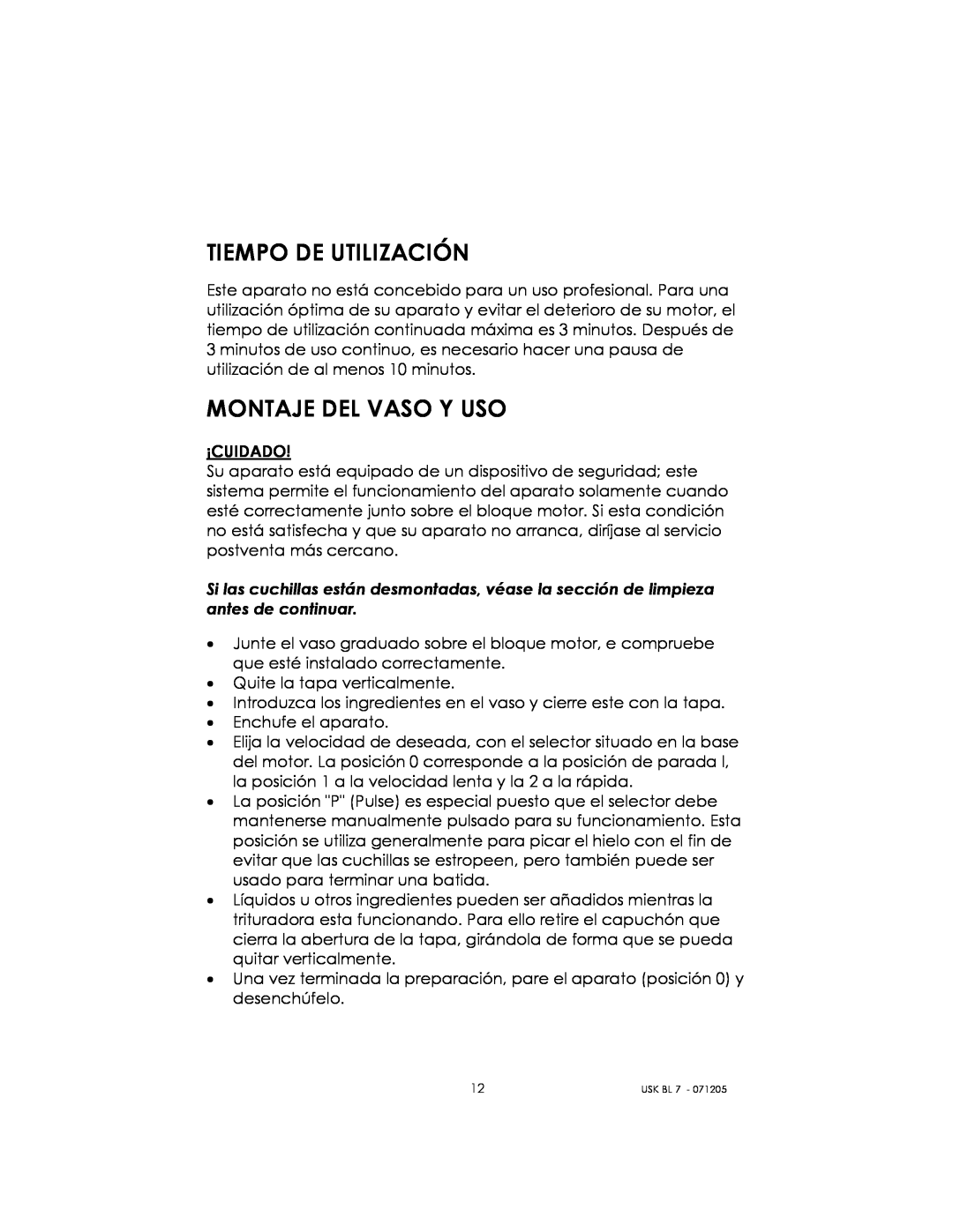Kalorik USK BL 7 manual Tiempo De Utilización, Montaje Del Vaso Y Uso 