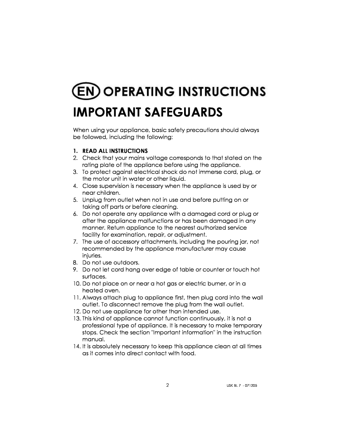 Kalorik USK BL 7 manual Important Safeguards 