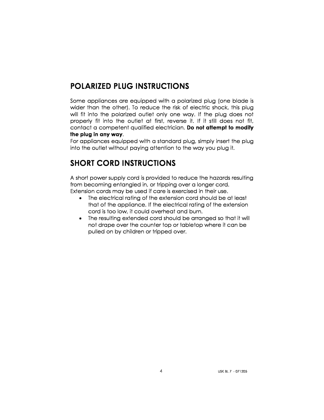 Kalorik USK BL 7 manual Polarized Plug Instructions, Short Cord Instructions 