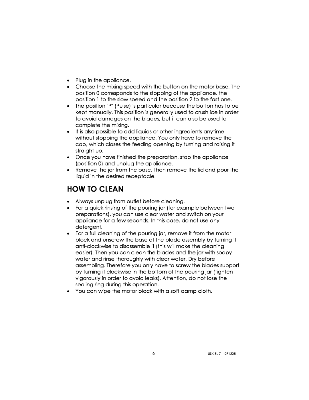 Kalorik USK BL 7 manual How To Clean 