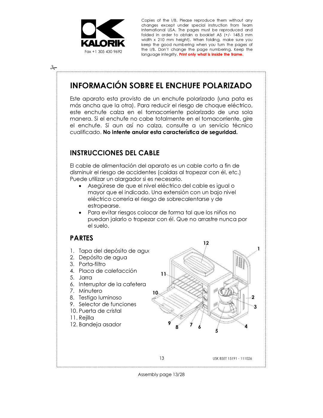 Kalorik USK BSET 15191 manual Información Sobre EL Enchufe Polarizado, Instrucciones DEL Cable, Partes, Assembly page 13/28 