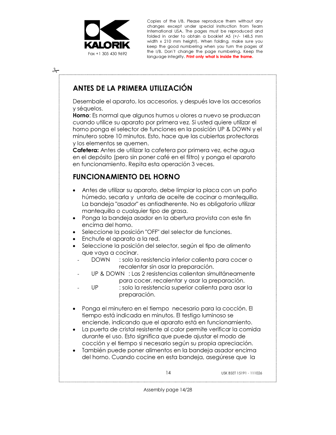 Kalorik USK BSET 15191 manual Antes DE LA Primera Utilización, Funcionamiento DEL Horno, Assembly page 14/28 