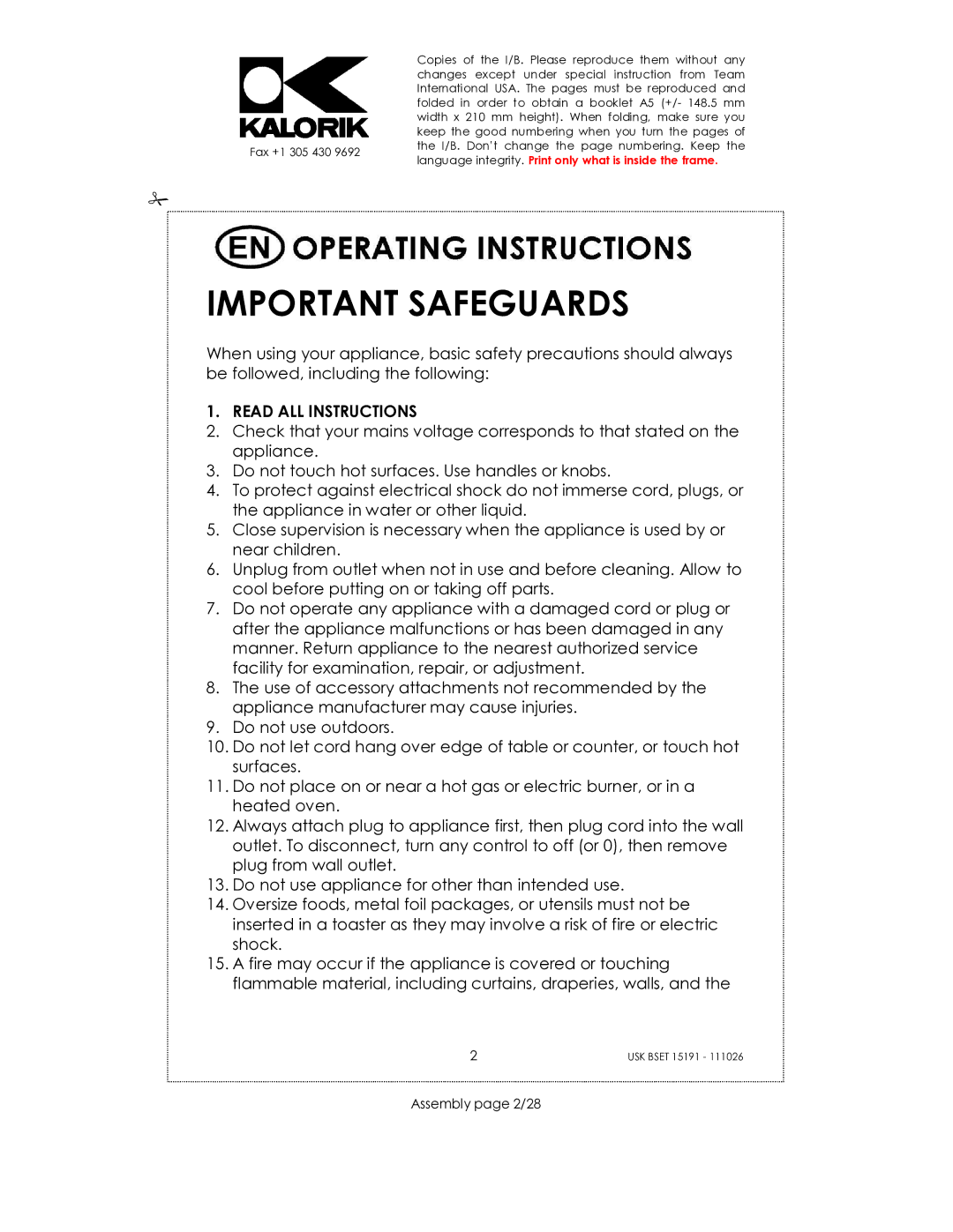 Kalorik USK BSET 15191 manual Important Safeguards, Assembly page 2/28 