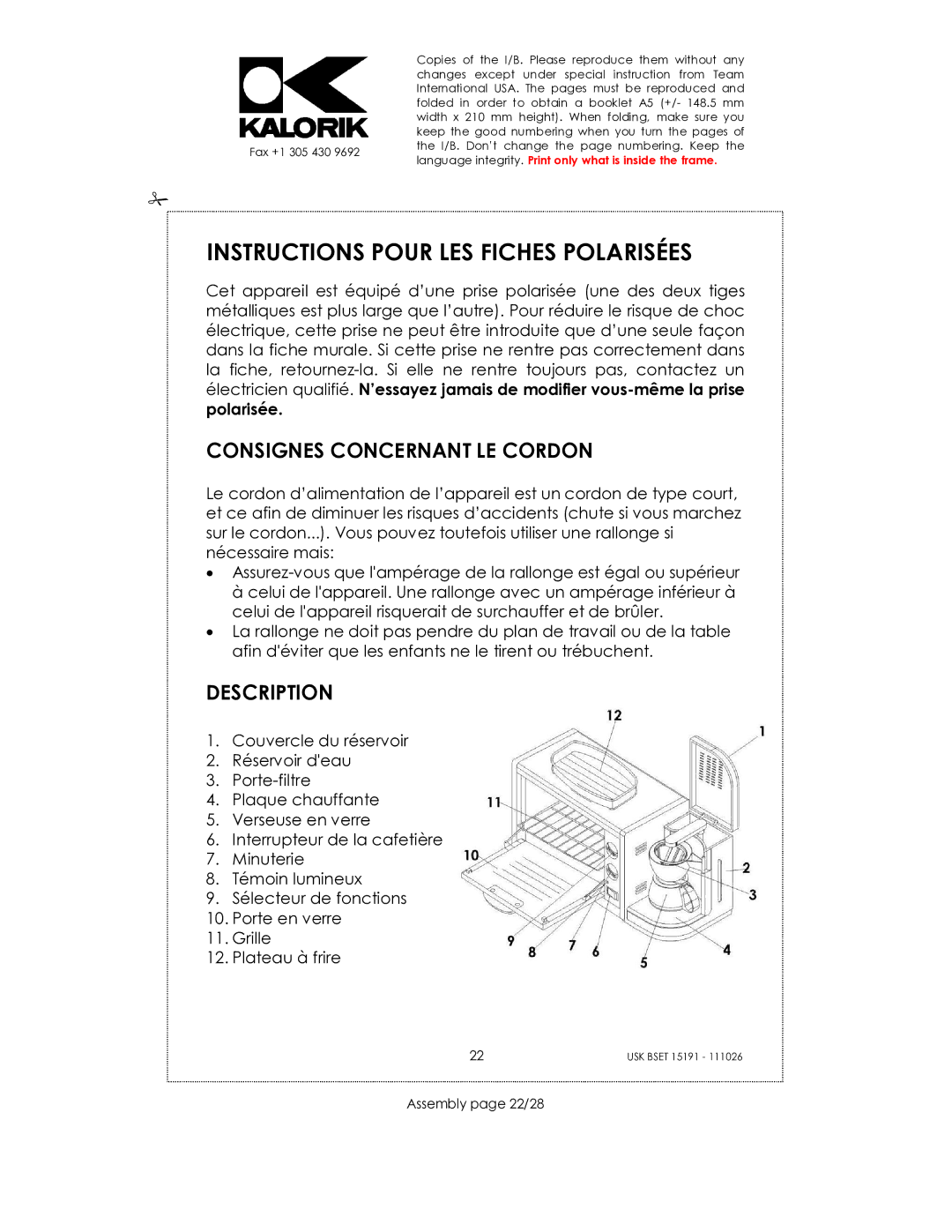 Kalorik USK BSET 15191 manual Instructions Pour LES Fiches Polarisées, Consignes Concernant LE Cordon, Description 