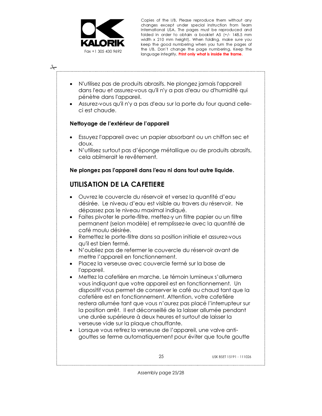 Kalorik USK BSET 15191 manual Utilisation DE LA Cafetiere, Nettoyage de l’extérieur de l’appareil, Assembly page 25/28 