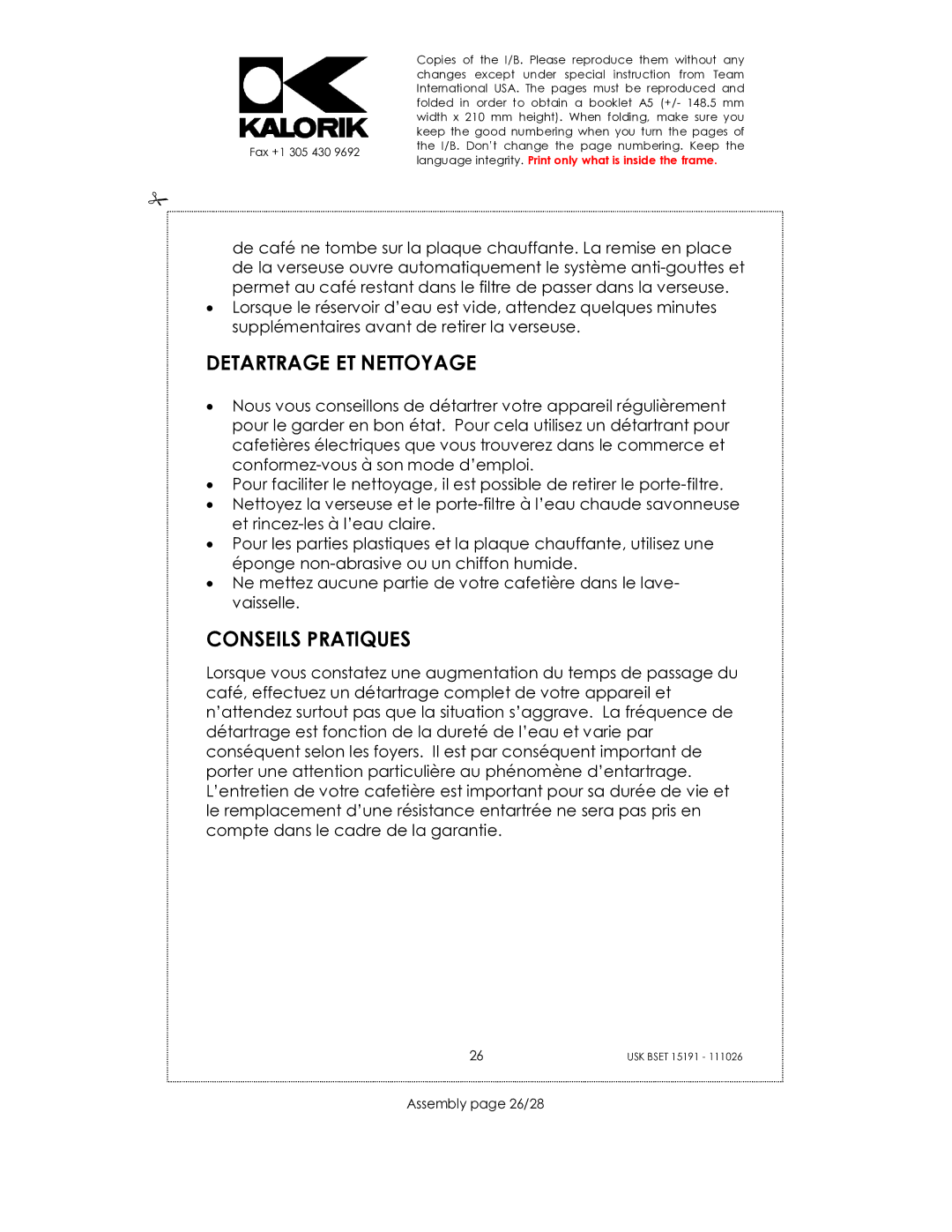 Kalorik USK BSET 15191 manual Detartrage ET Nettoyage, Conseils Pratiques, Assembly page 26/28 