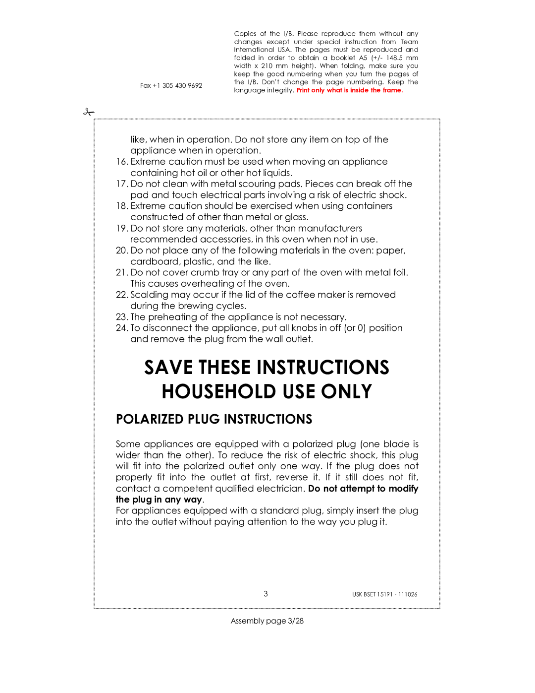 Kalorik USK BSET 15191 manual Household USE only, Polarized Plug Instructions, Assembly page 3/28 