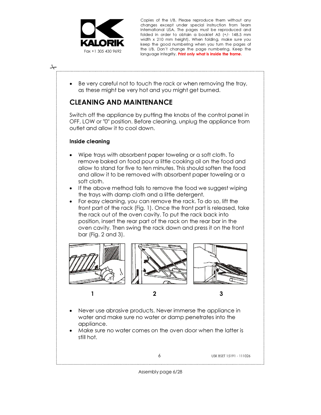 Kalorik USK BSET 15191 manual Cleaning and Maintenance, Inside cleaning, Assembly page 6/28 