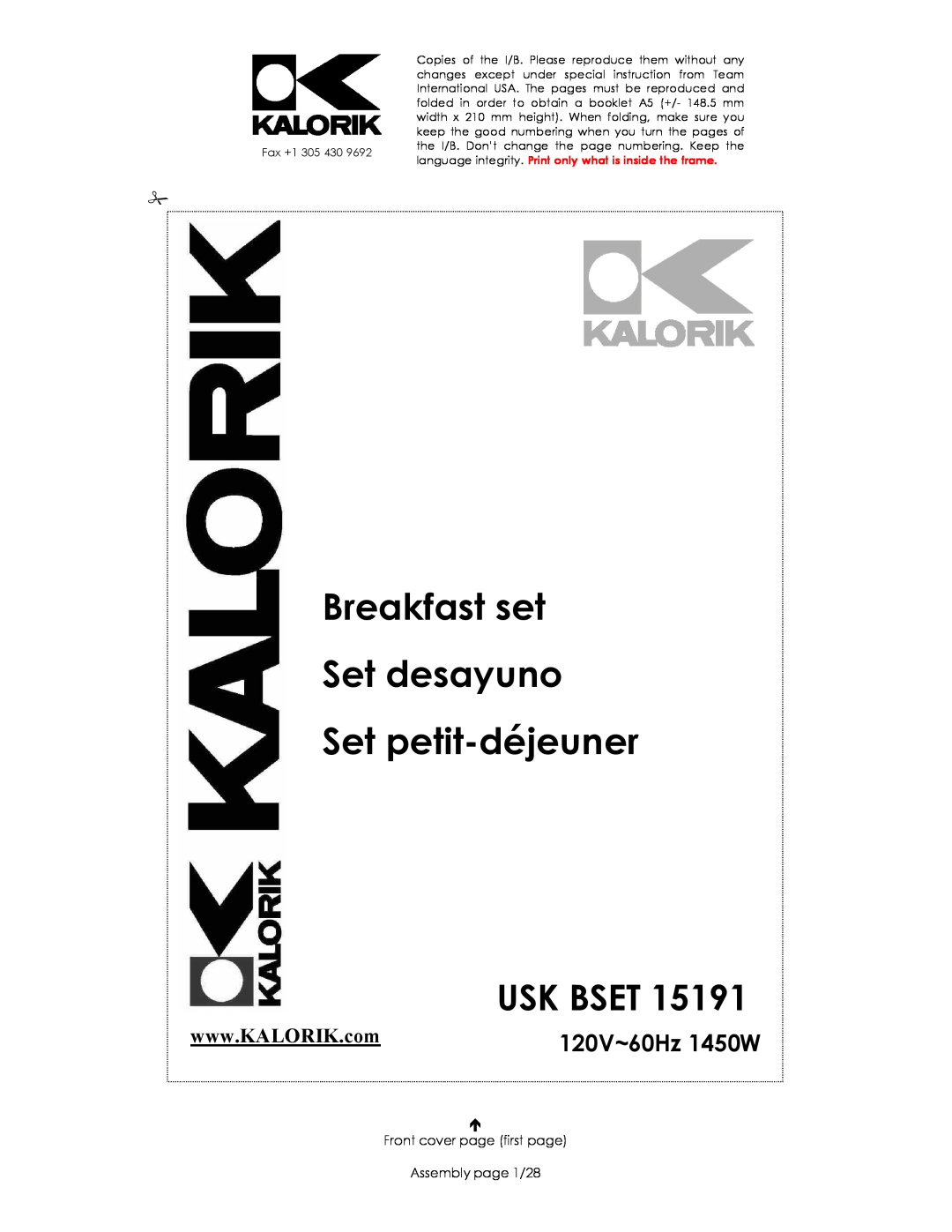 Kalorik USK BSET 15191 manual Usk Bset, 120V~60Hz 1450W, Breakfast set Set desayuno Set petit-déjeuner 