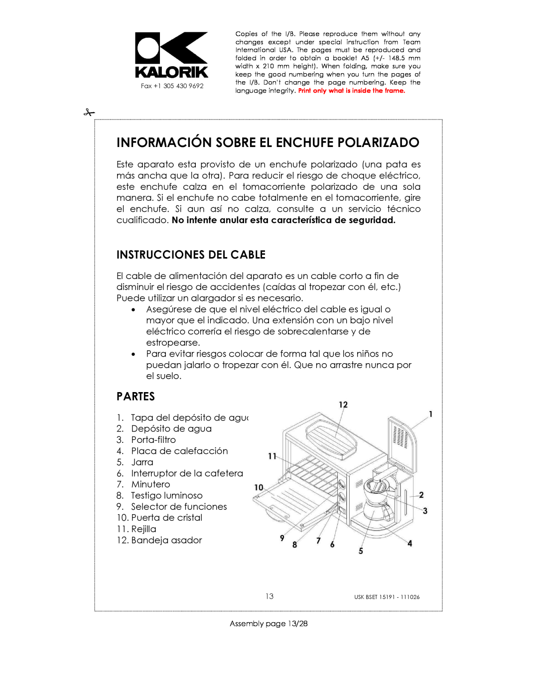 Kalorik USK BSET 15191 manual Información Sobre El Enchufe Polarizado, Instrucciones Del Cable, Partes 