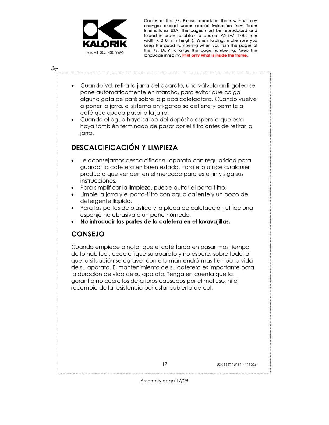 Kalorik USK BSET 15191 manual Descalcificación Y Limpieza, Consejo, Assembly page 17/28 