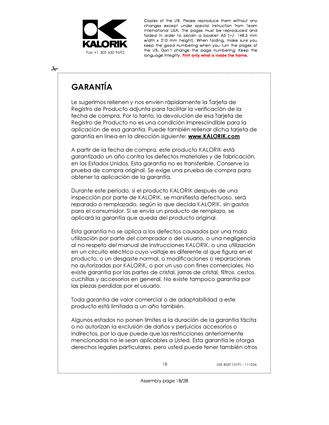 Kalorik USK BSET 15191 manual Garantía, Assembly page 18/28 