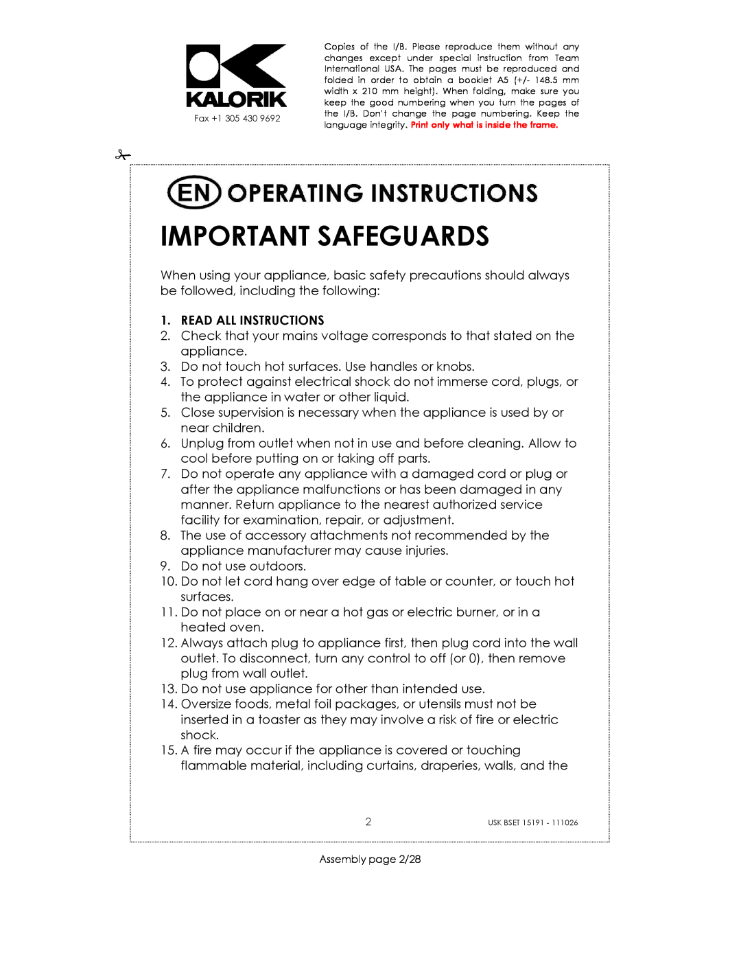 Kalorik USK BSET 15191 manual Important Safeguards, Read All Instructions 