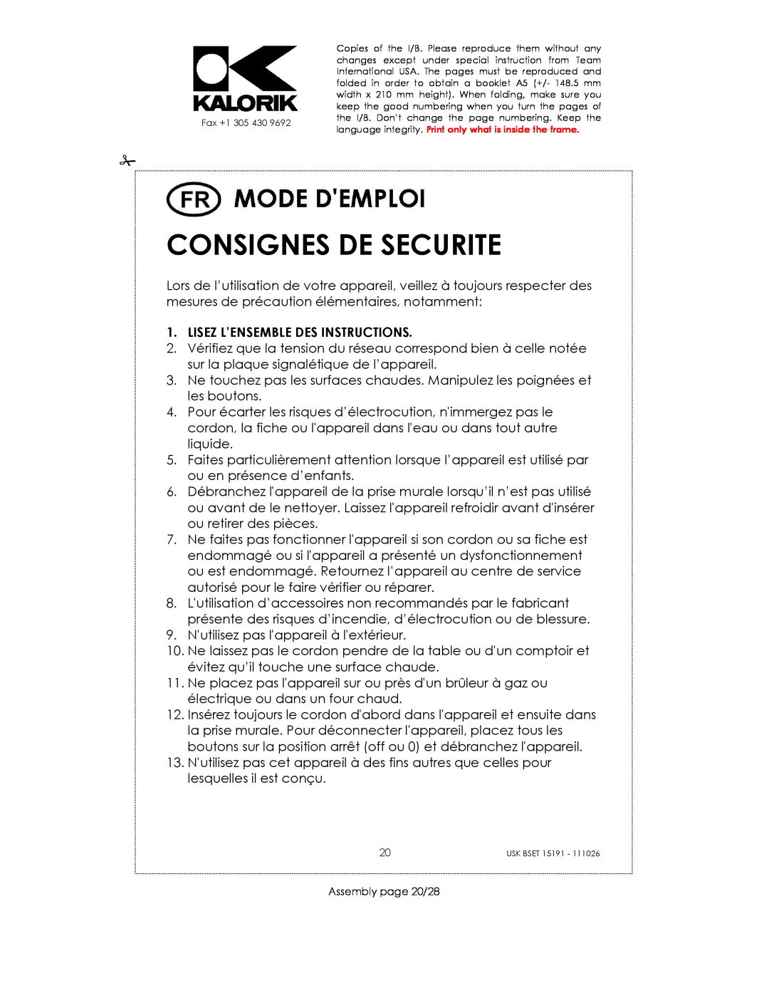 Kalorik USK BSET 15191 manual Consignes De Securite, Lisez L’Ensemble Des Instructions 